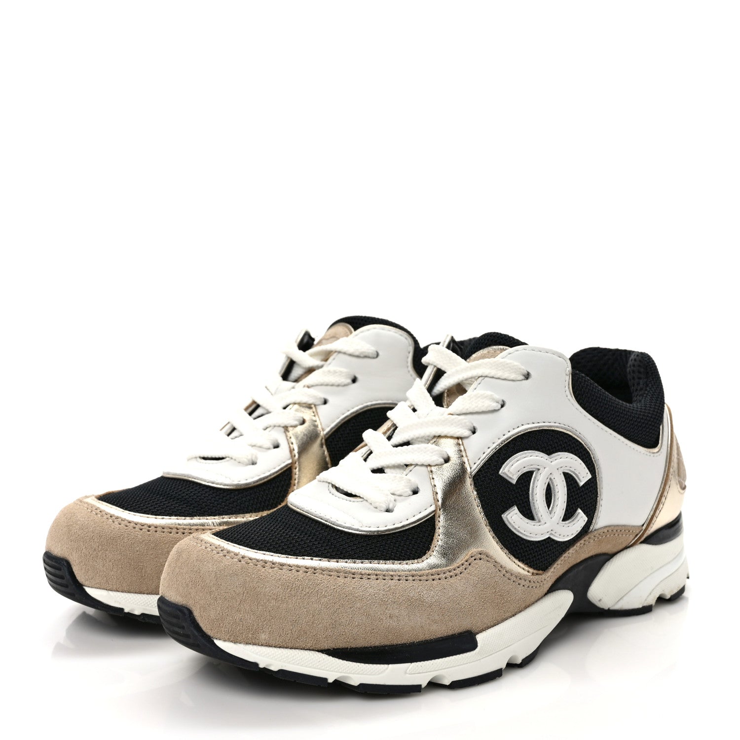 Chanel Calfskin Fabric Womens CC Sneakers 37 Black White Silver 3 of 8