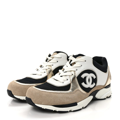 Chanel Calfskin Fabric Womens CC Sneakers 37 Black White Silver 3 of 8