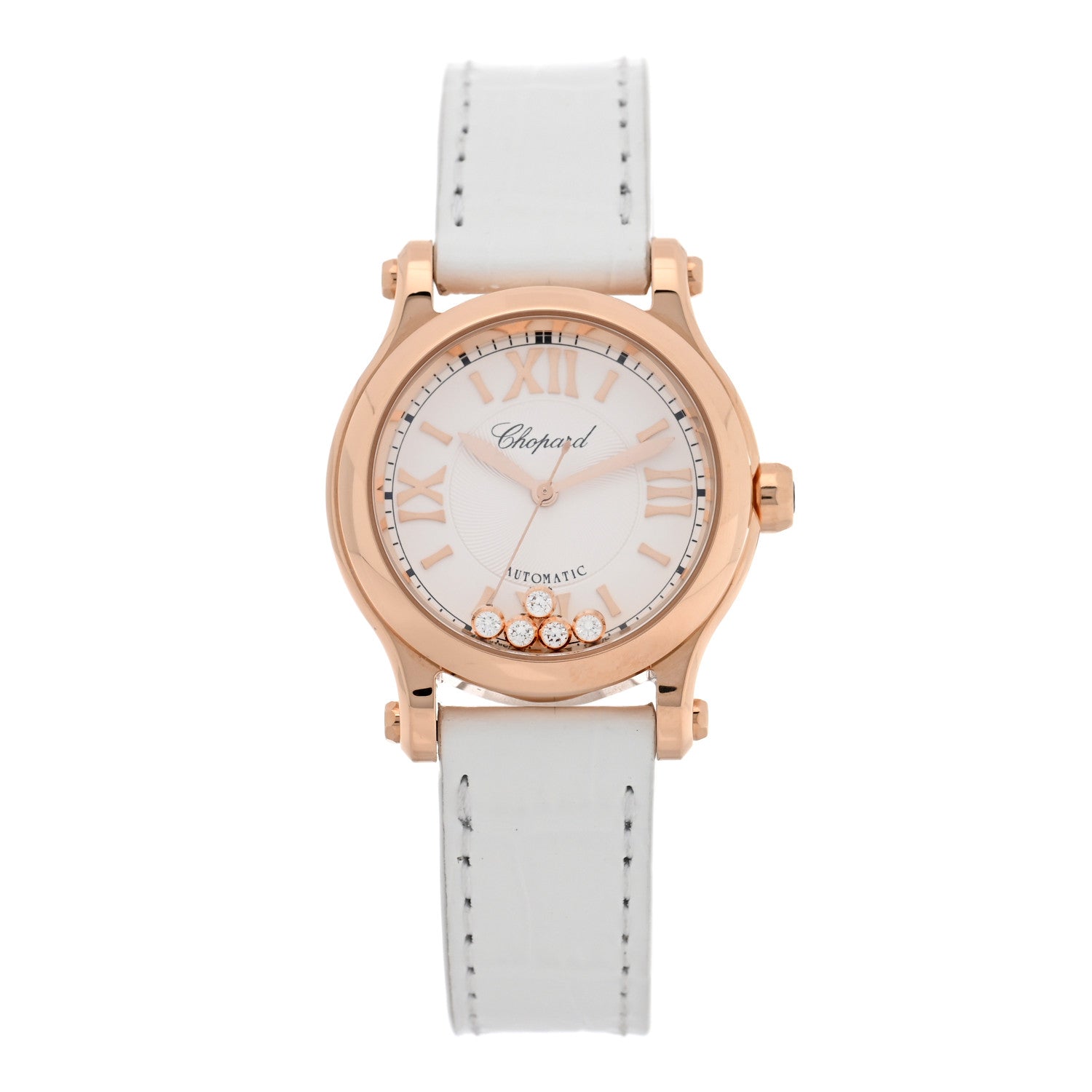 Chopard 18K Rose Gold Alligator 5 Diamond 30mm Happy Sport Automatic Watch White 1 of 6