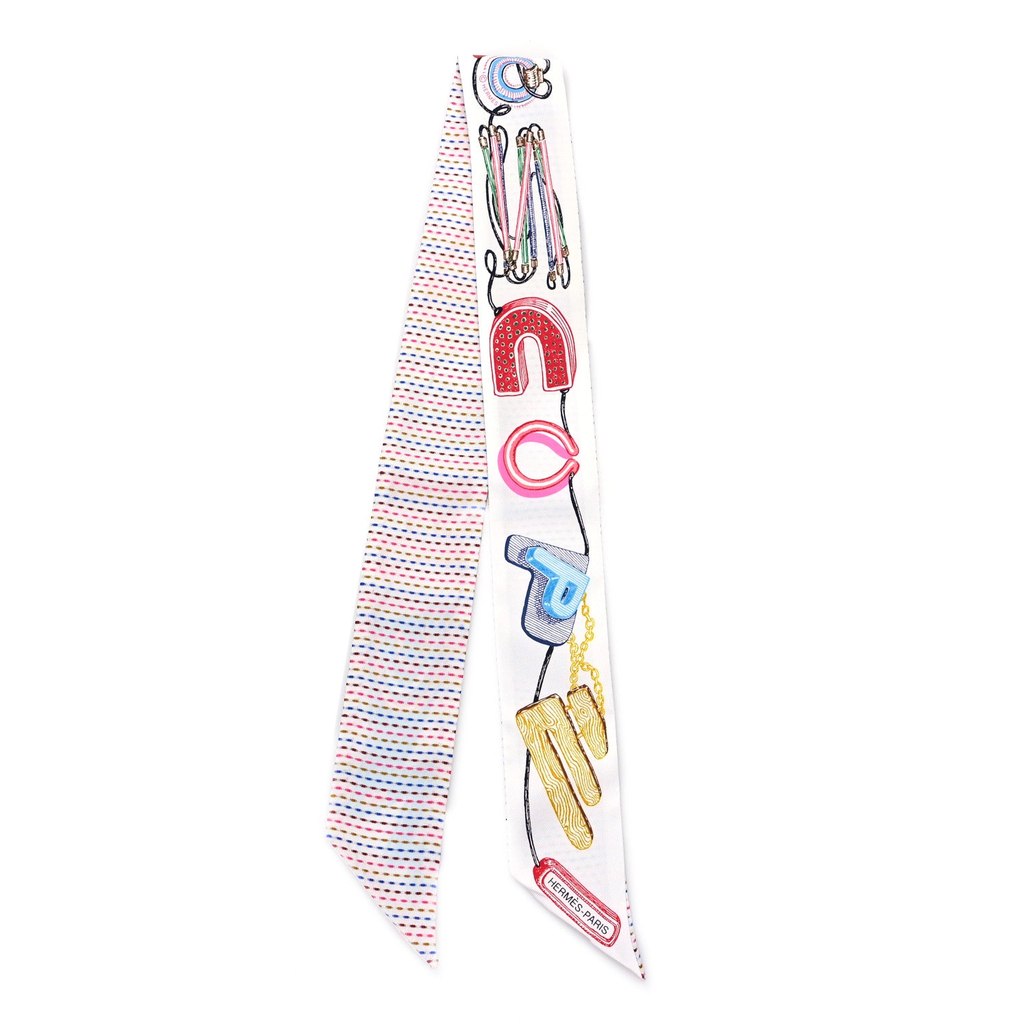 Hermes Silk Chevaloscope Neon Twilly White Bleu Rouge 2 of 4