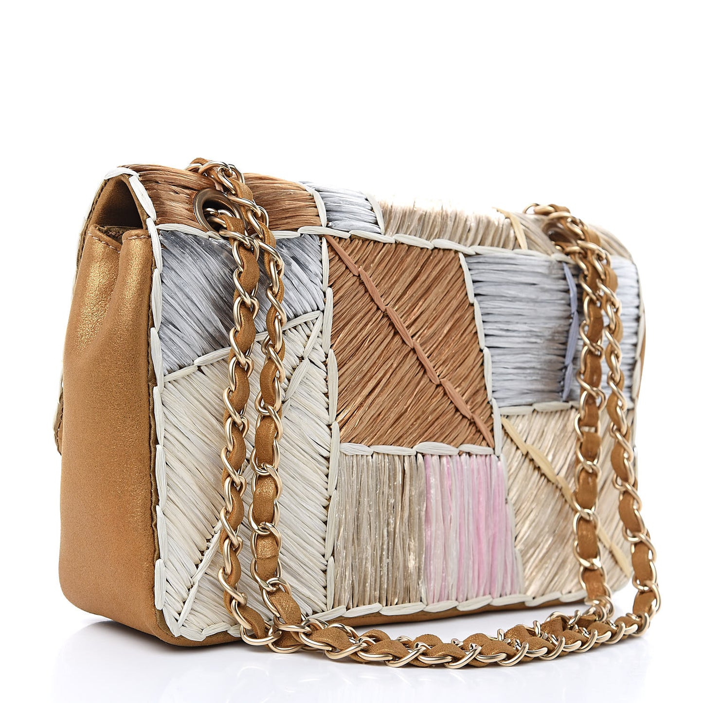 Metallic Woven Raffia Patchwork Single Flap Green