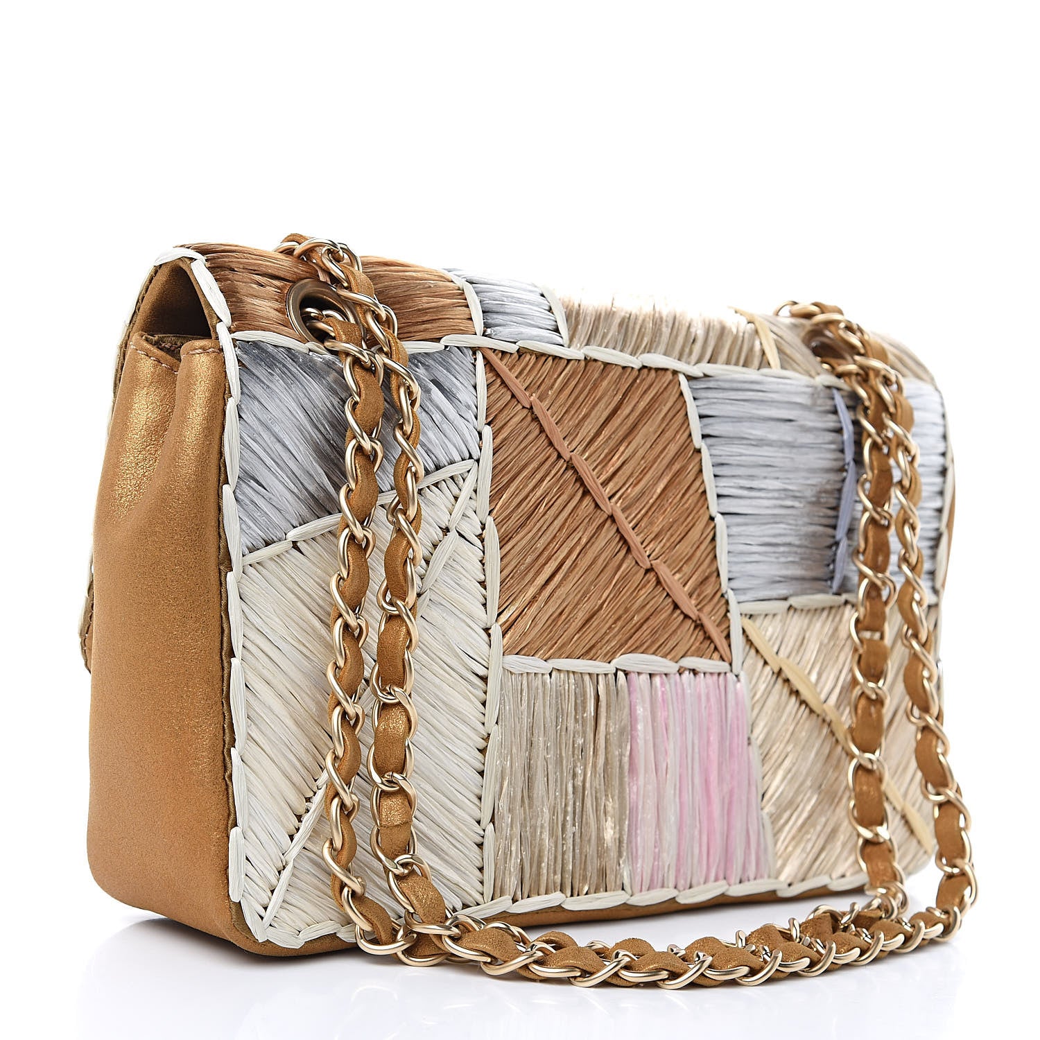 Chanel Metallic Woven Raffia Patchwork Single Flap Green 3 of 11