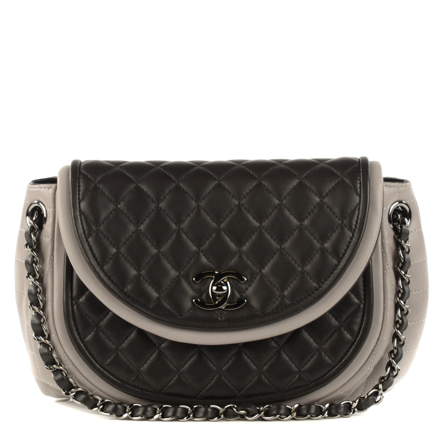 Lambskin Quilted Classic Twist Crescent Flap Black Grey