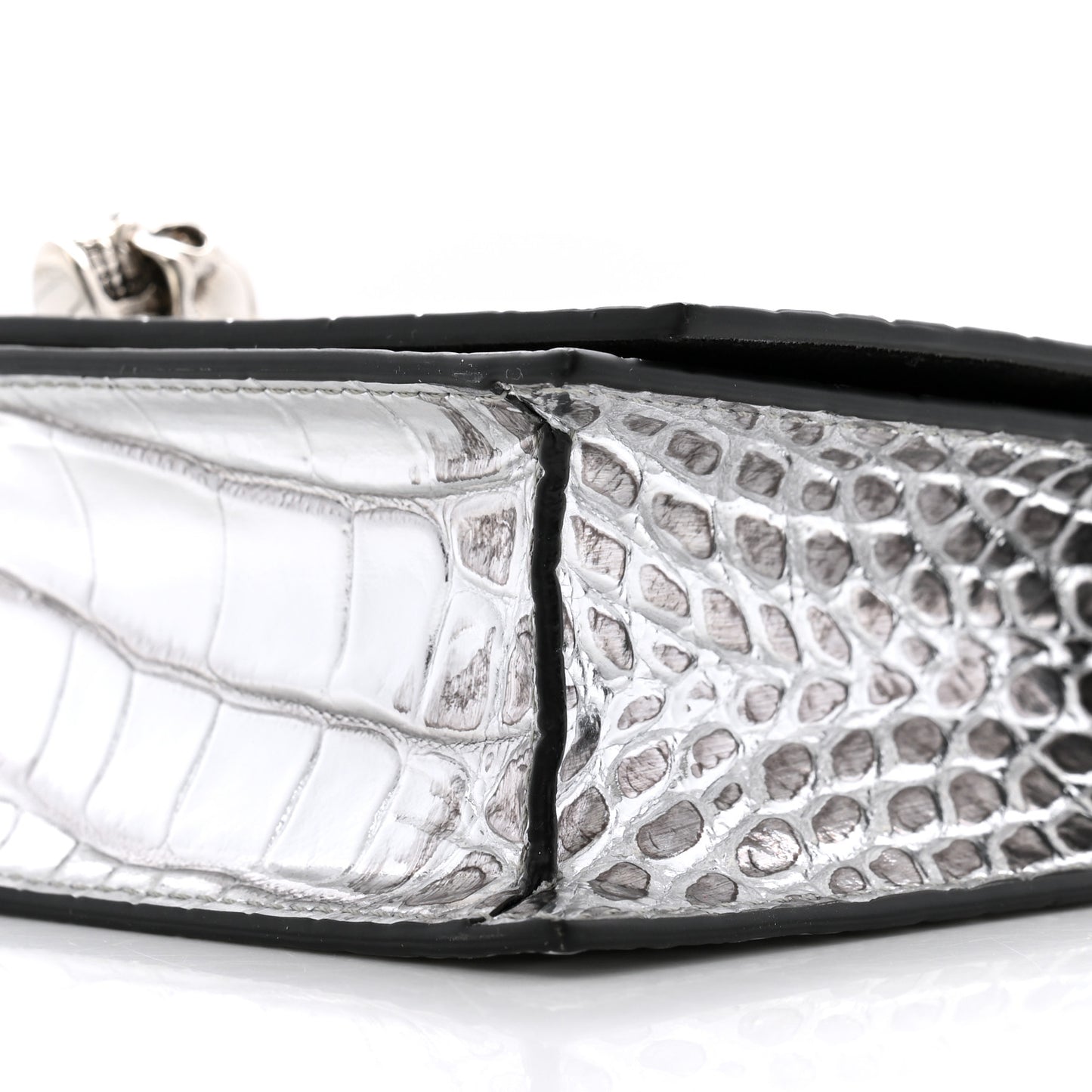 Metallic Calfskin Crocodile Embossed Skull Mini Shoulder Bag Silver