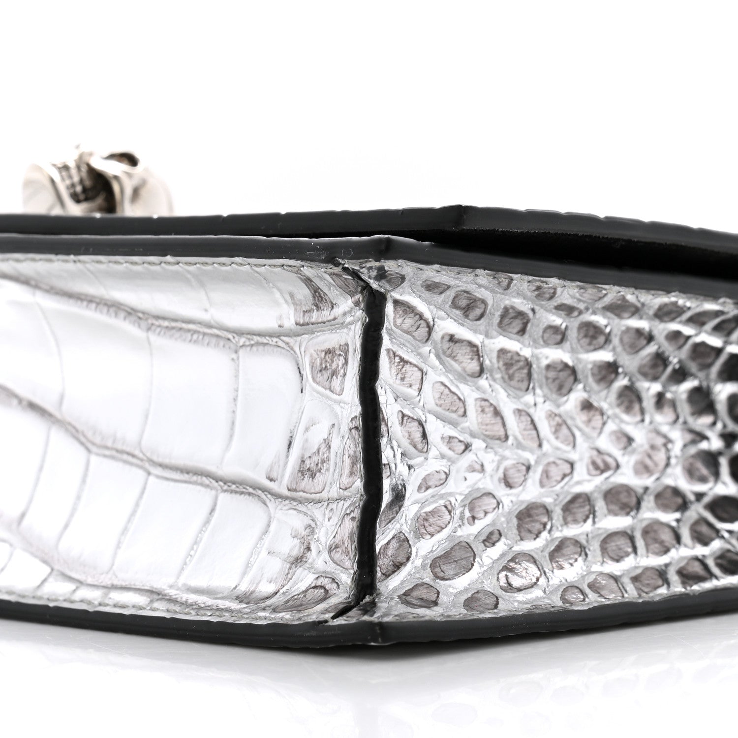 Alexander McQueen Metallic Calfskin Crocodile Embossed Skull Mini Shoulder Bag Silver 9 of 11
