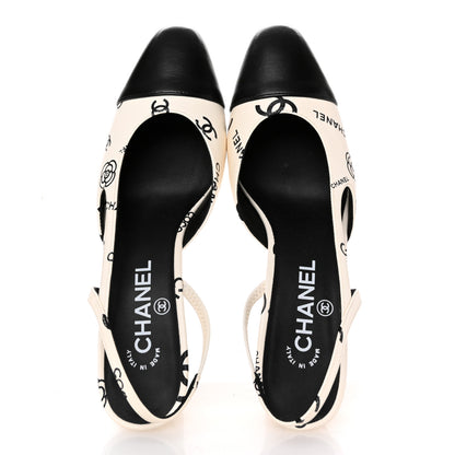 Chanel Printed Lambskin Cap Toe CC Slingback Pumps 38 Black White 2 of 10