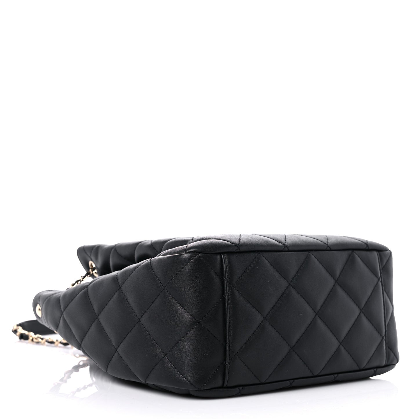 Grained Calfskin Quilted CC Chain Bucket Drawstring Bag Black