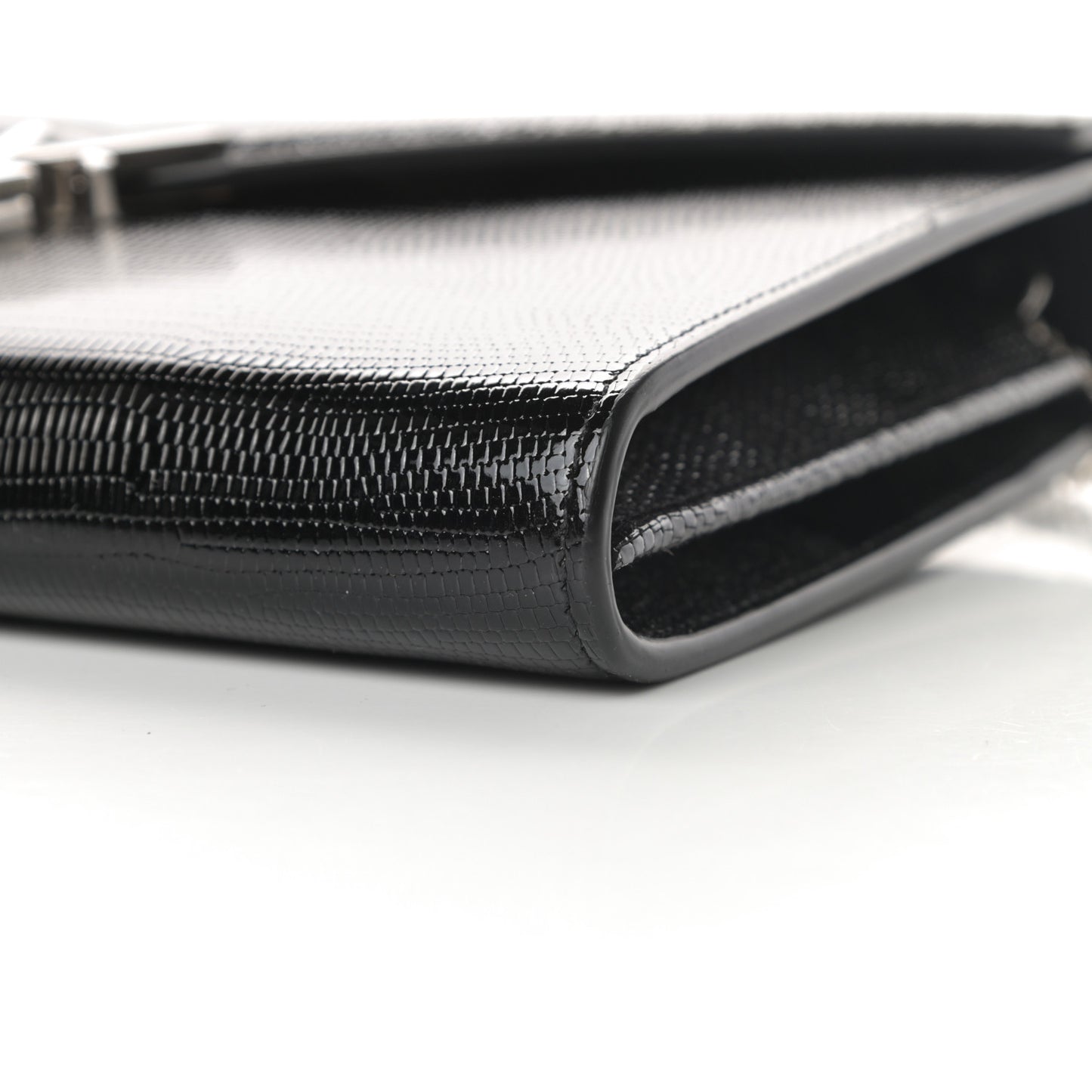 Patent Lizard Embossed Monogram Cassandra Chain Wallet Black