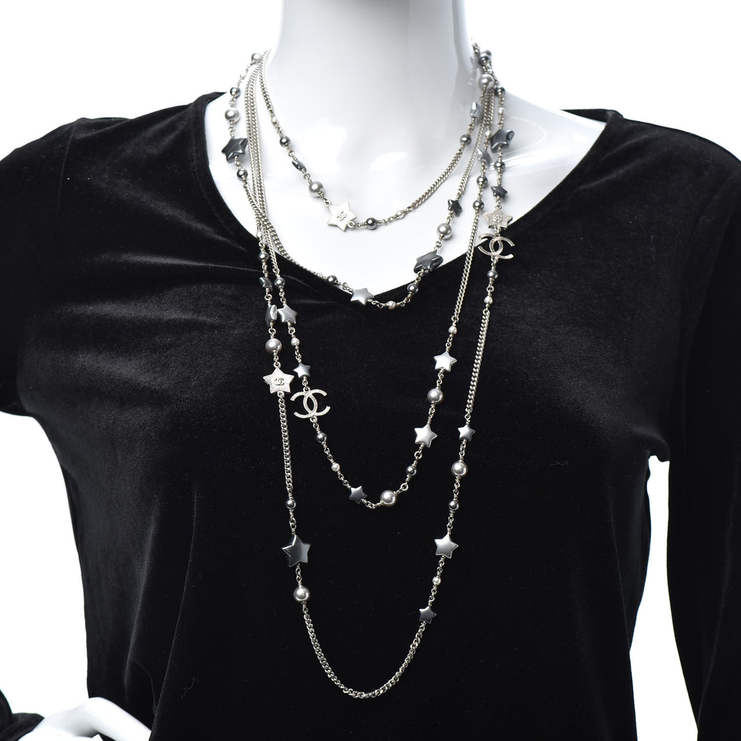 Resin Pearl Star CC Necklace Grey Silver