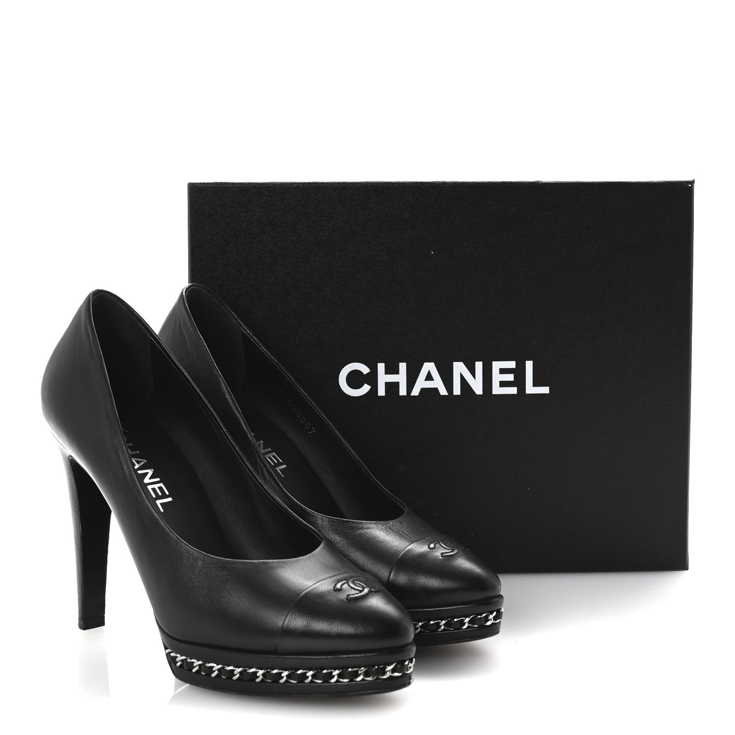 Lambskin CC Cap Toe Platform Chain Pumps 39 Black