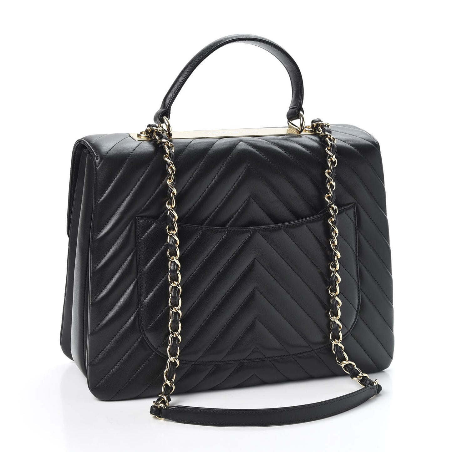 Lambskin Chevron Quilted Large Trendy CC Dual Handle Flap Bag Black