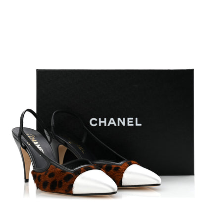 Chanel Lambskin Mixed Fibers Pony Hair Slingback Pumps 37.5 Brown Black White 10 of 10