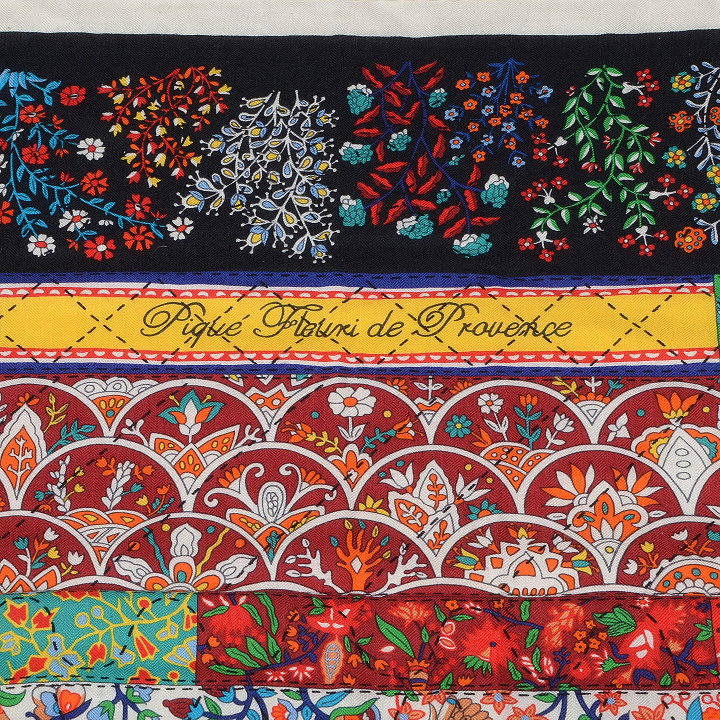 Cashmere Silk Pique Fleuri de Provence Shawl 140 Blanc Noir Multicolor