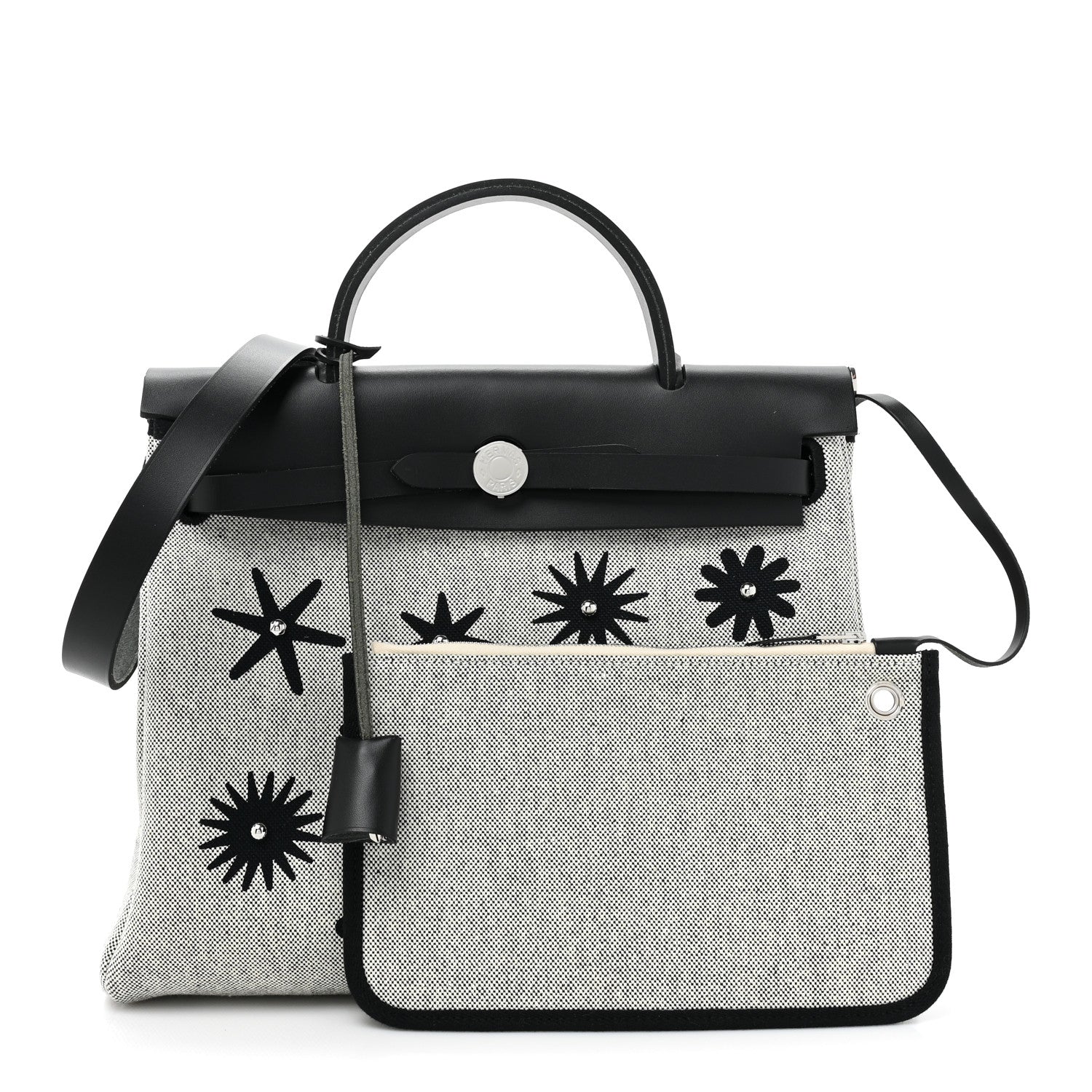 Hermes H Plume Canvas Vache Hunter Circuit Rider Hobnailed Herbag Zip Retourne 31 PM Black Ecru 3 of 11