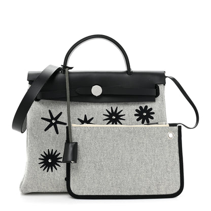 Hermes H Plume Canvas Vache Hunter Circuit Rider Hobnailed Herbag Zip Retourne 31 PM Black Ecru 3 of 11