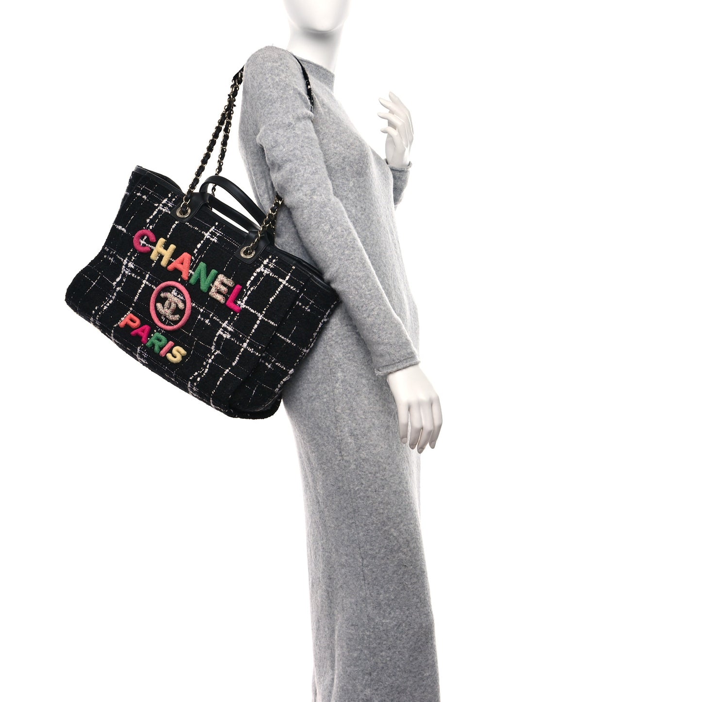 Tweed Medium Deauville Tote Black White Multicolor