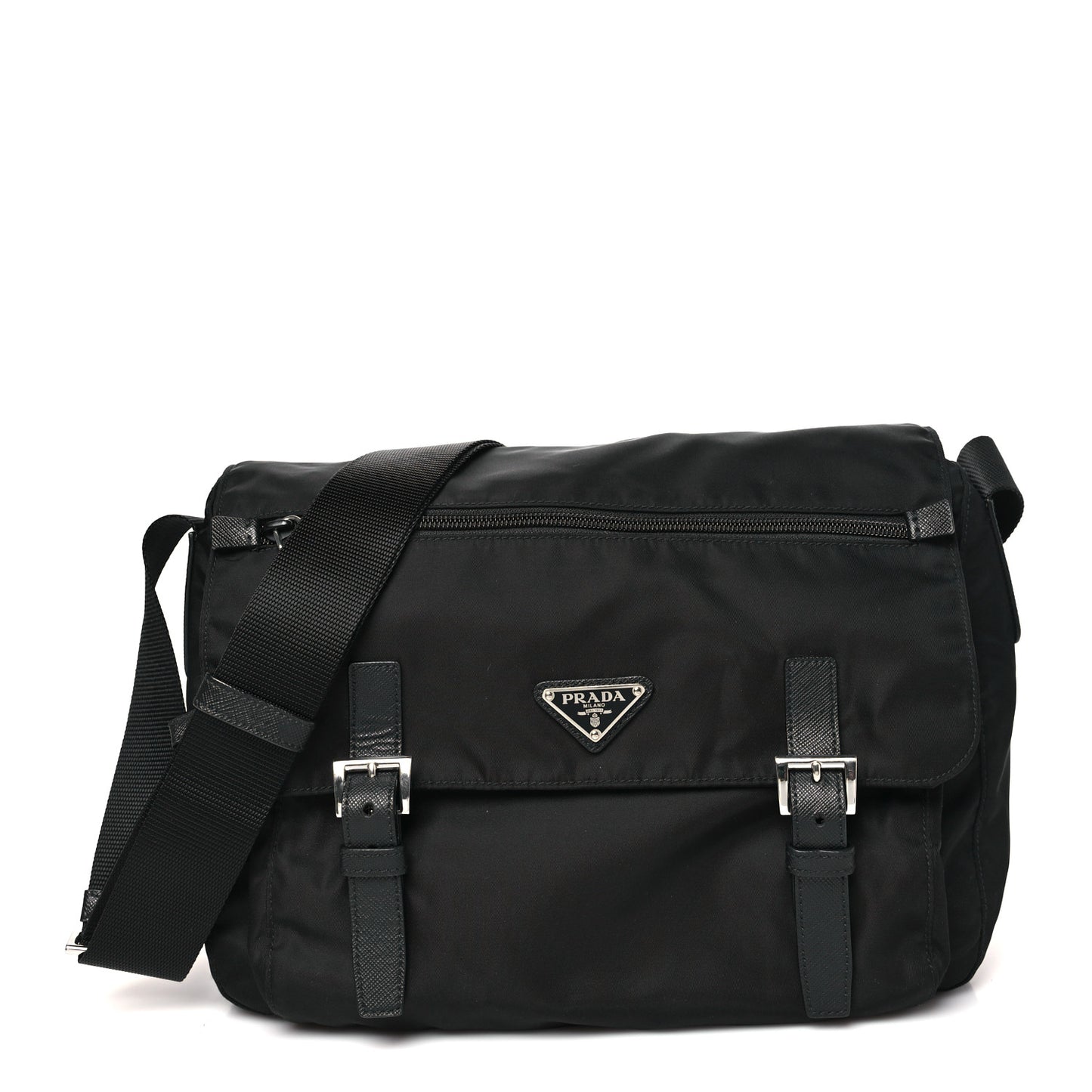 Tessuto Nylon Saffiano Double Buckle Messenger Shoulder Bag Black