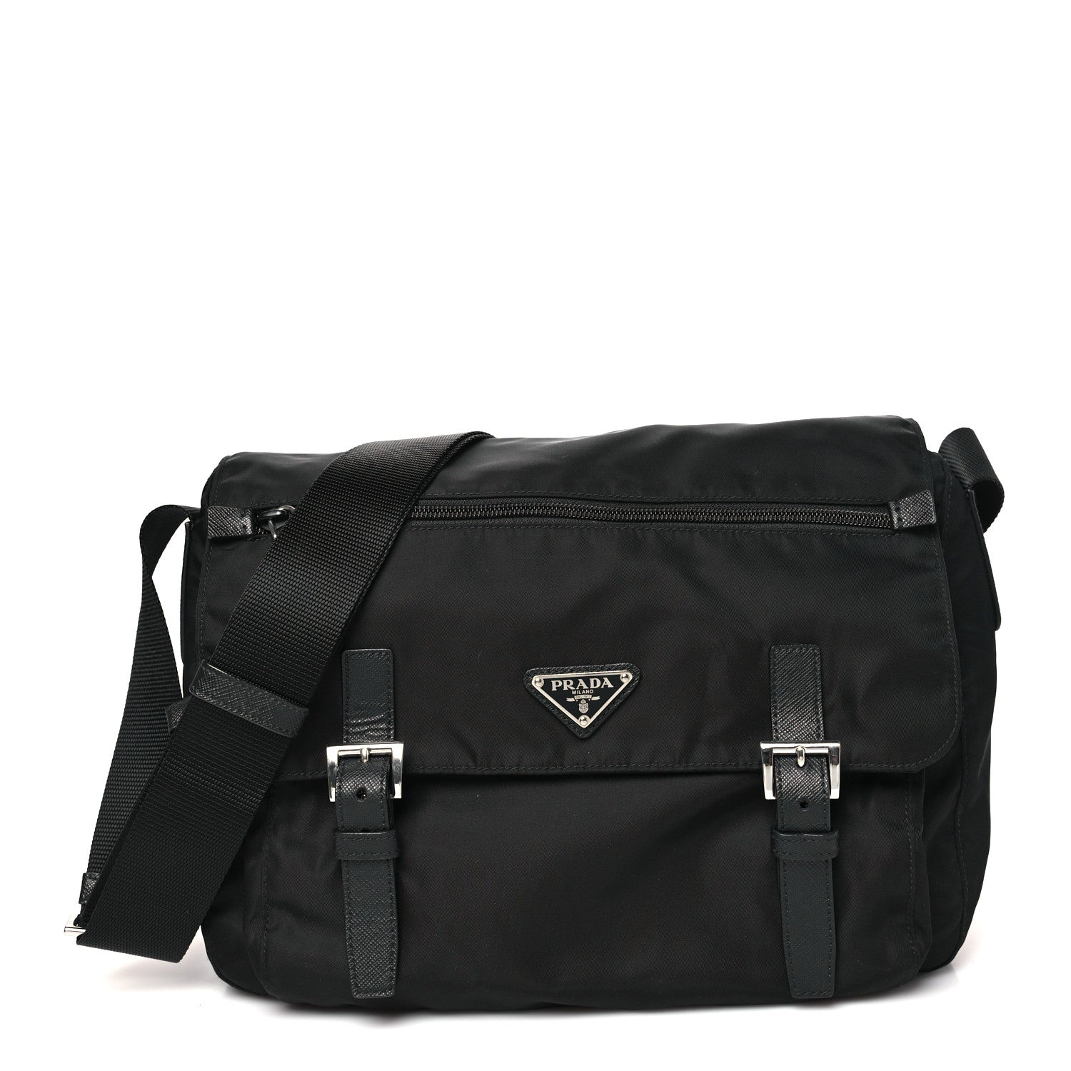 Prada Tessuto Nylon Saffiano Double Buckle Messenger Shoulder Bag Black 1 of 9