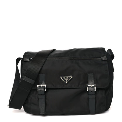 Prada Tessuto Nylon Saffiano Double Buckle Messenger Shoulder Bag Black 1 of 9