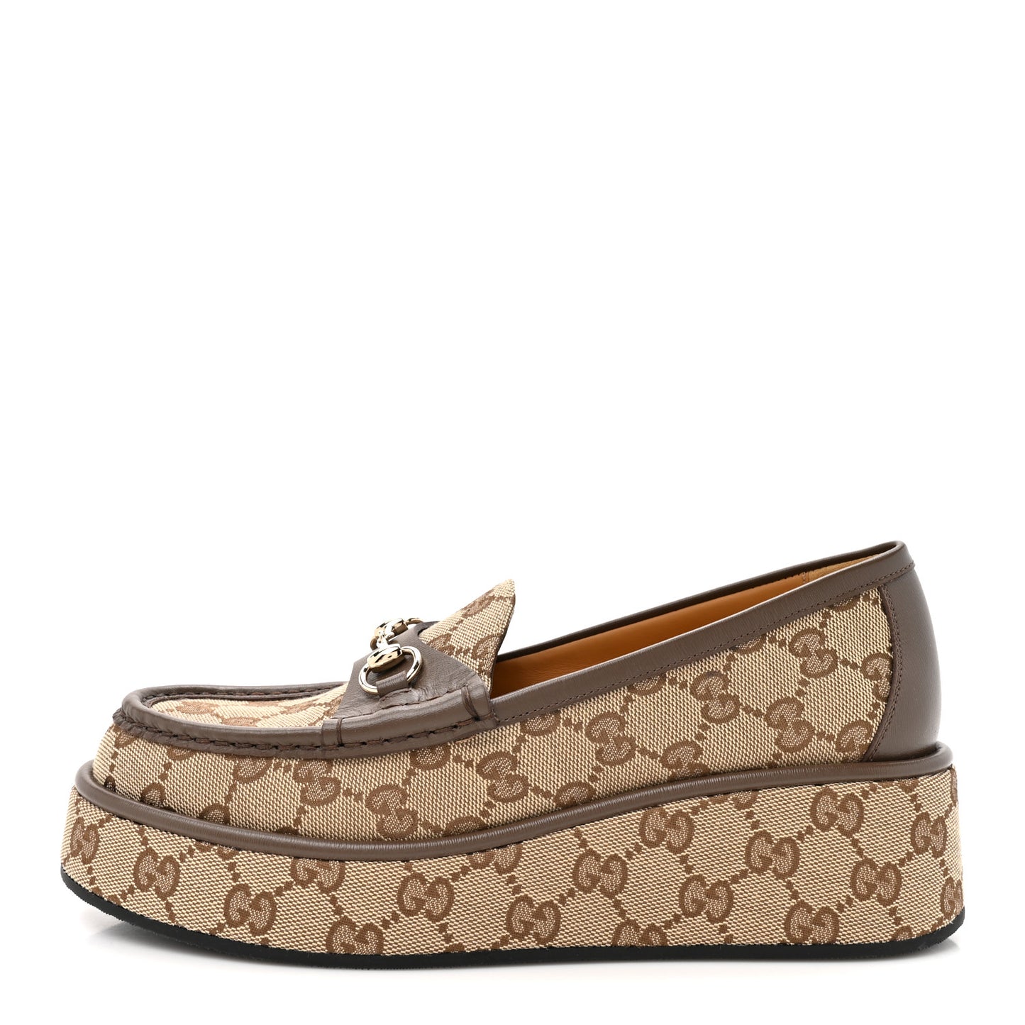 Monogram Horsebit Calfskin Womens Horsebit Wedge Platform Loafers 38 Beige Ebony