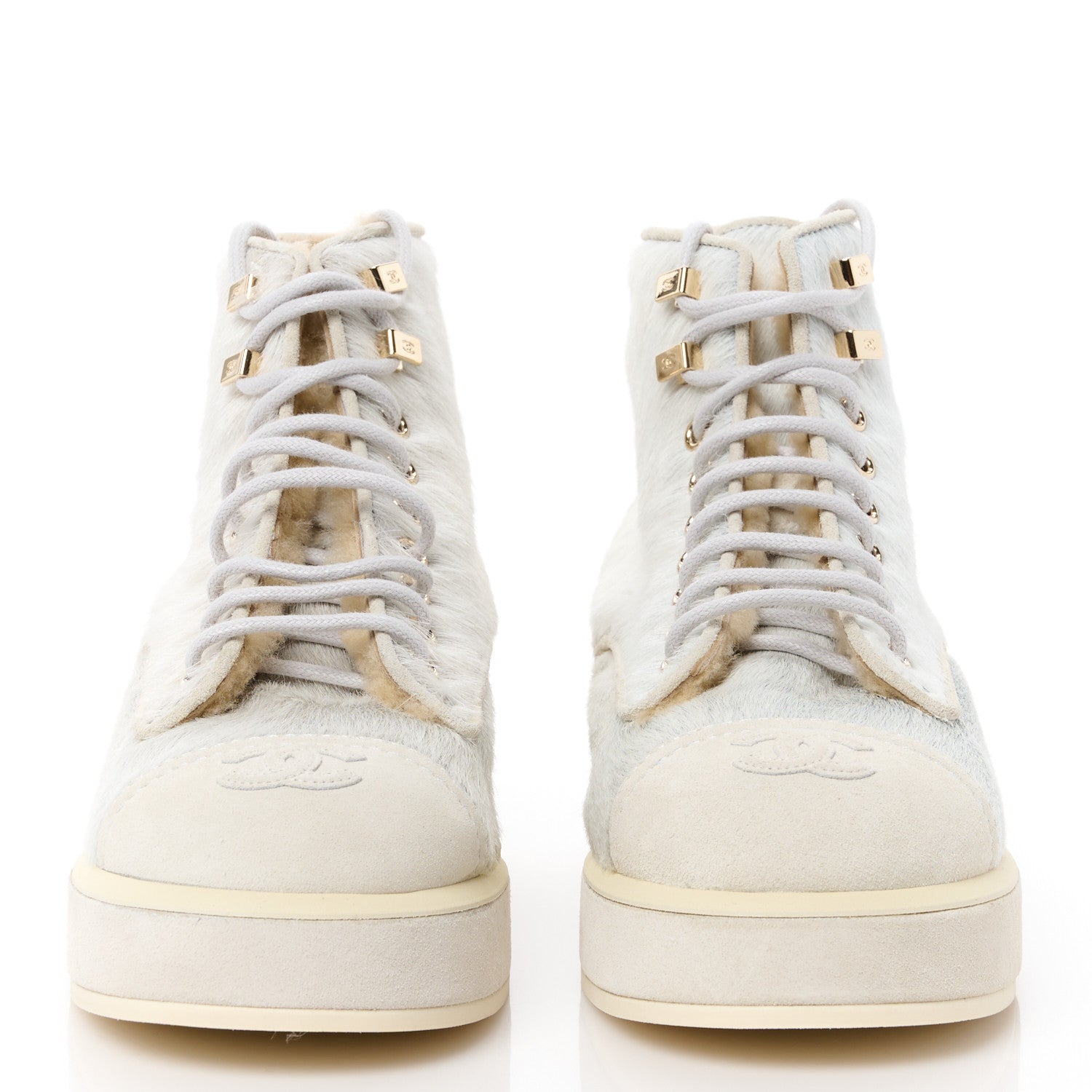 Chanel Suede Pony Hair Shearling Lace Up Combat Boots 37 White 2 of 10