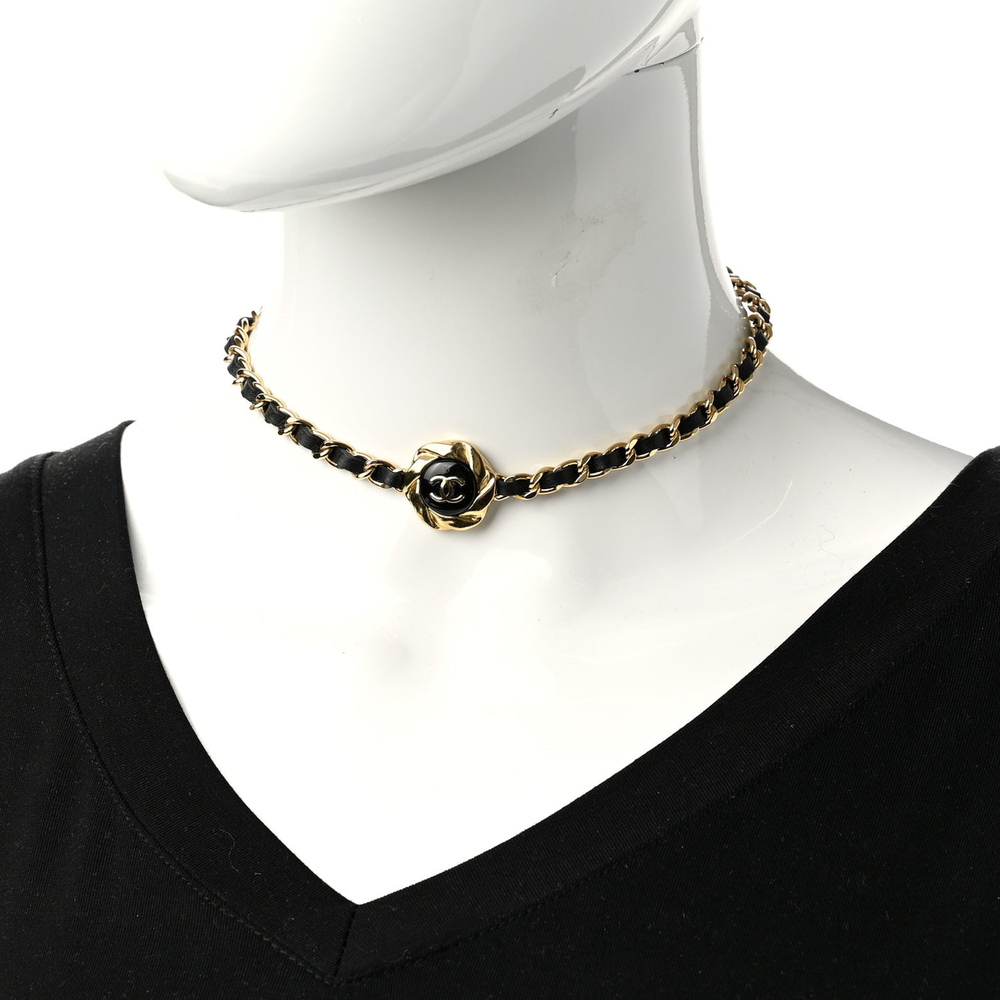 Metal Lambskin Enamel CC Choker Gold Black
