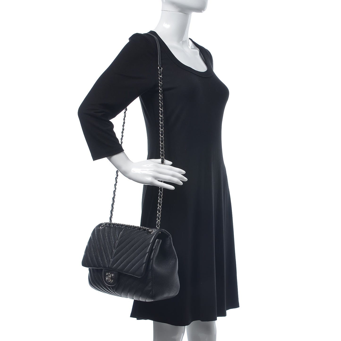 Caviar Chevron Quilted Large Puffy CC Flap Black