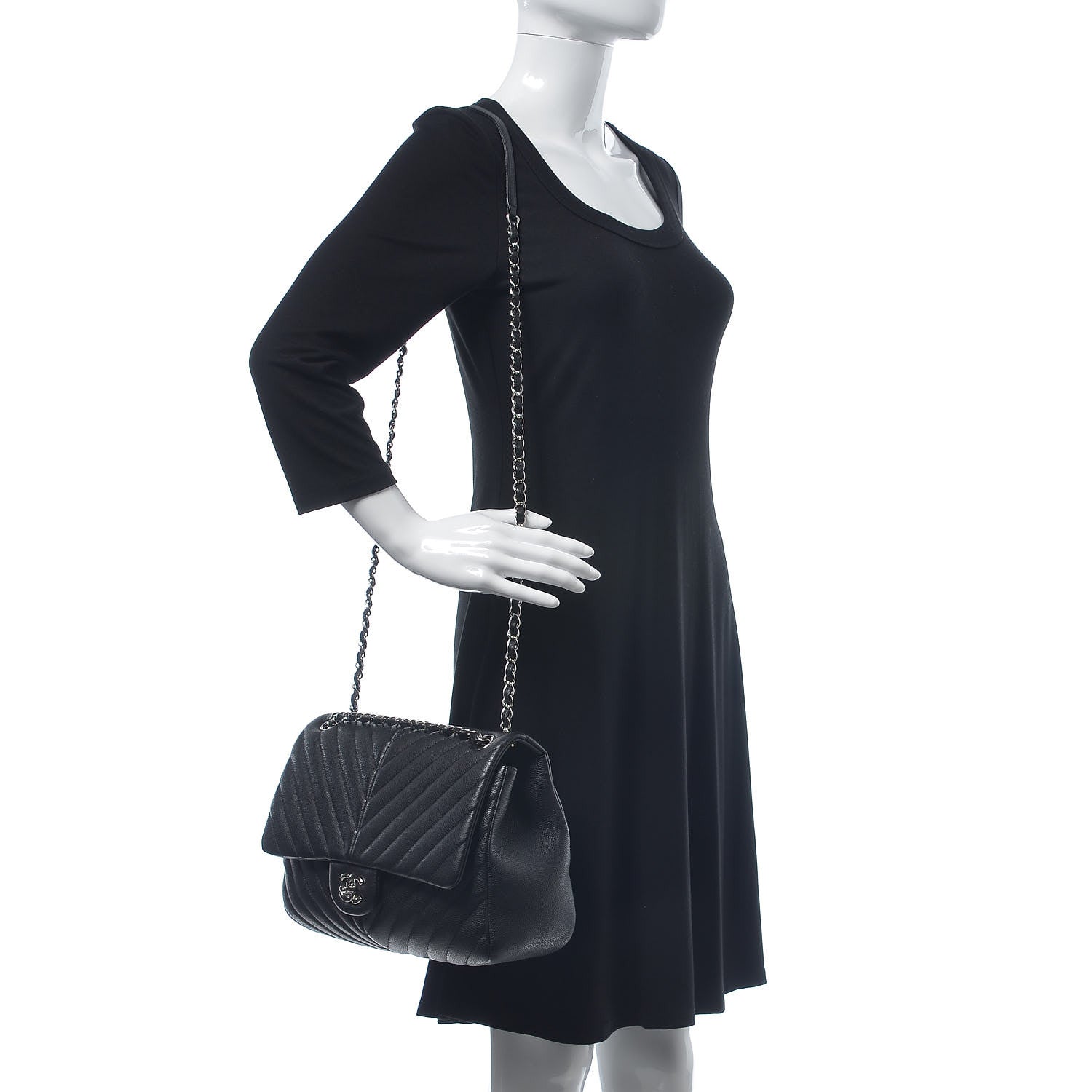 Chanel Caviar Chevron Quilted Large Puffy CC Flap Black 2 of 8