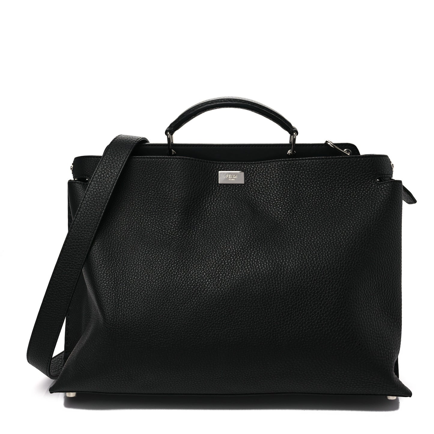 Cuoio Romano Selleria Vitello Grace Glazed Fabric FF 1974 Large Peekaboo Iconic Essential Satchel Black