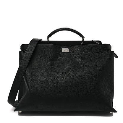 Fendi Cuoio Romano Selleria Vitello Grace Glazed Fabric FF 1974 Large Peekaboo Iconic Essential Satchel Black 1 of 7