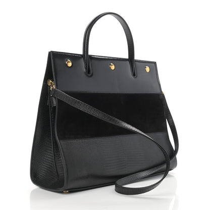 Burberry Deerskin Suede Lizard Embossed Calfskin Medium Title Bag Black 3 of 11