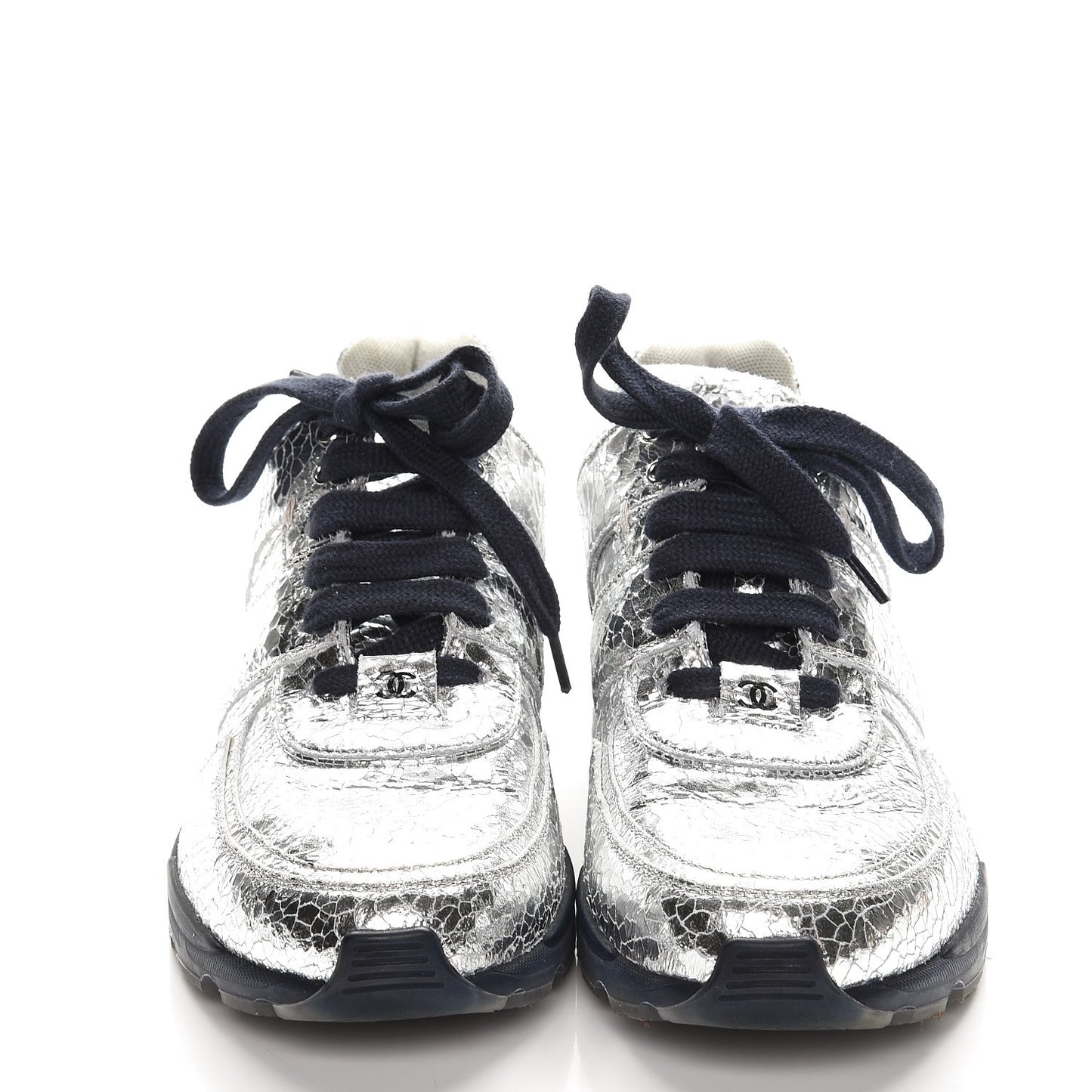 Metallic Crackled Calfskin CC Sneakers 40 Silver