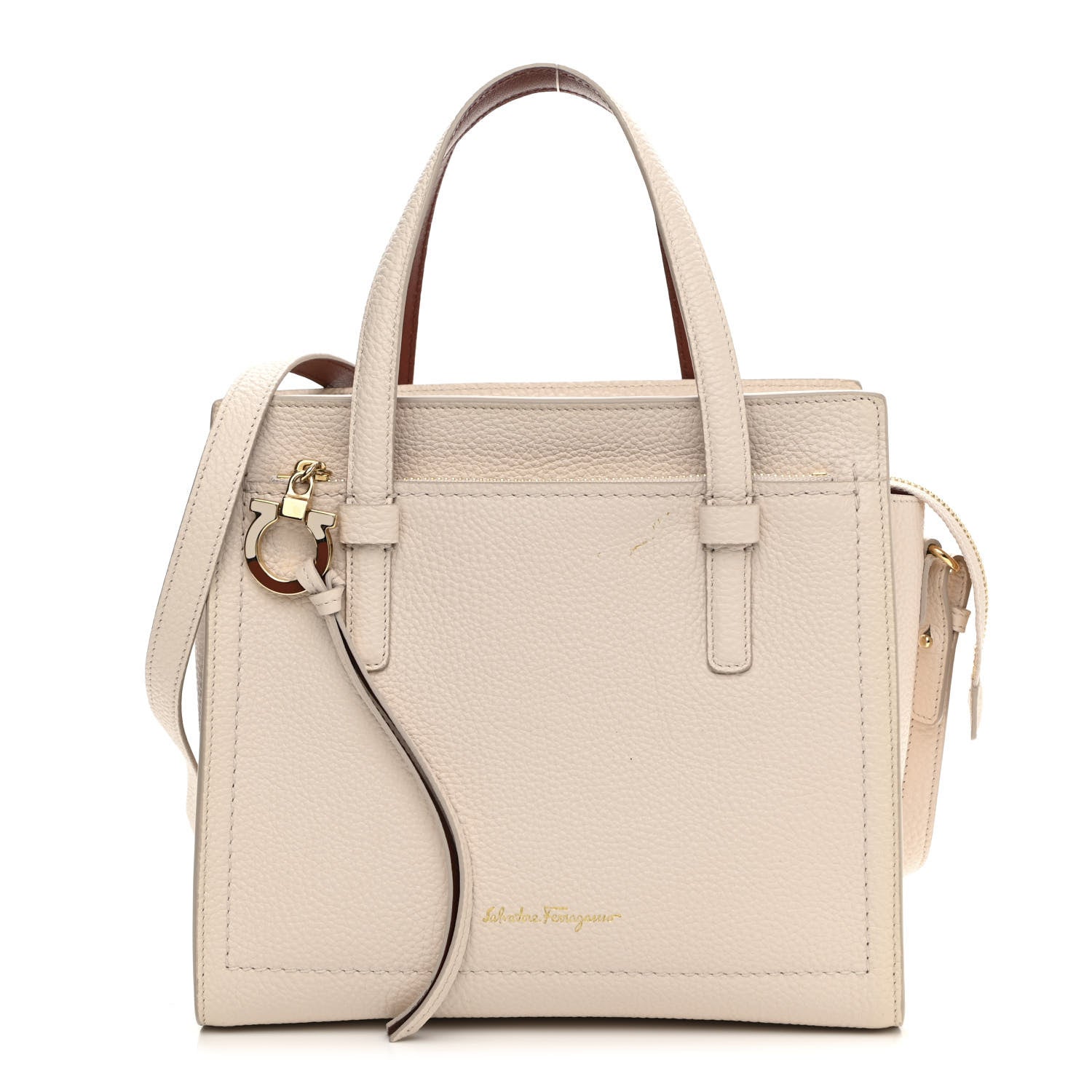 Salvatore Ferragamo Hammered Calfskin Double Handle Small Amy Tote Bone Copper 1 of 11