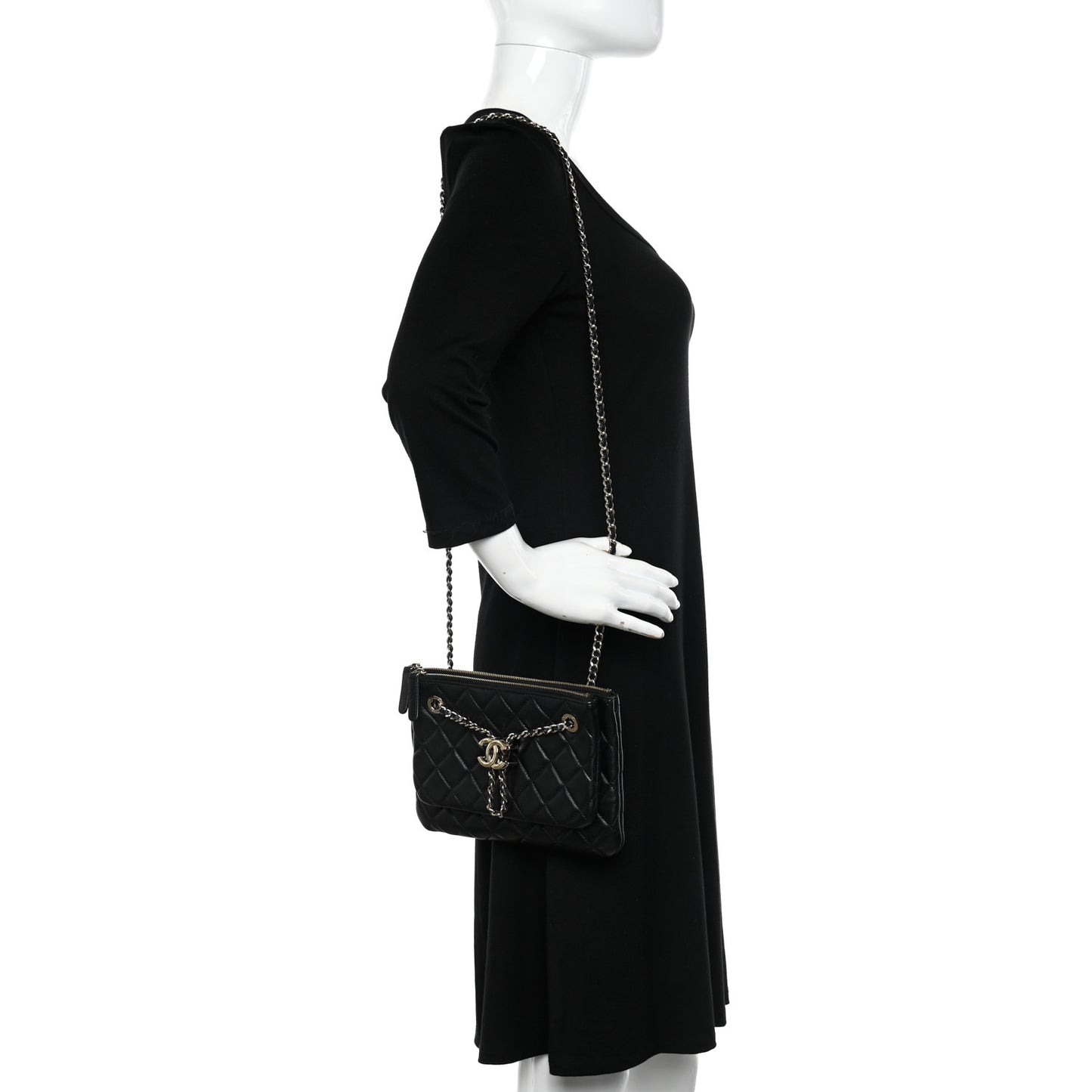 Shiny Lambskin Quilted Medium Double Case With Strap Black