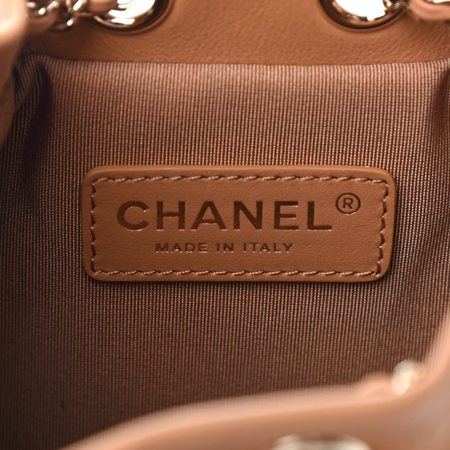Calfskin Stitched Chain Bucket Bag Camel