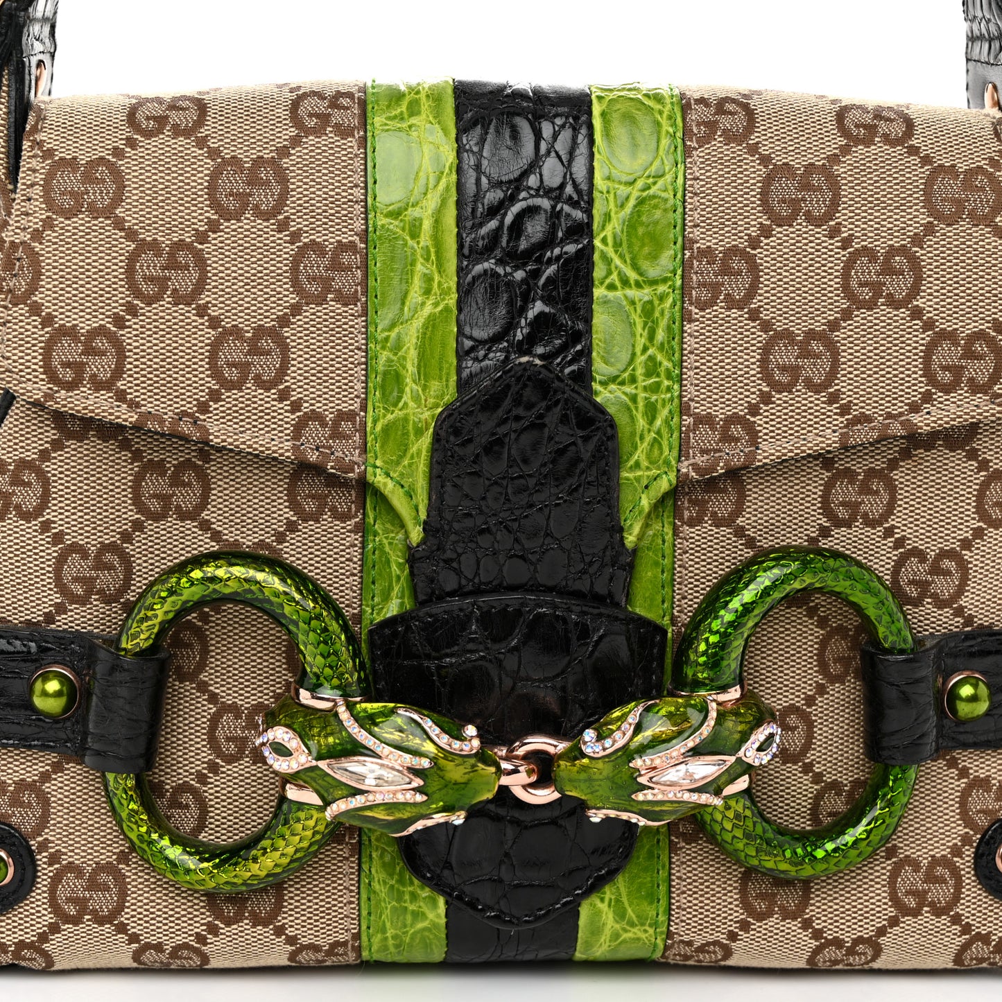 Monogram Crocodile Web Tom Ford Dragon Flap Bag Dark Brown Green