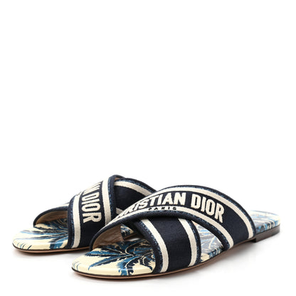 Christian Dior Canvas Palms Embroidered Dway Criss Cross Slide Sandals 37 Indigo Blue 3 of 8