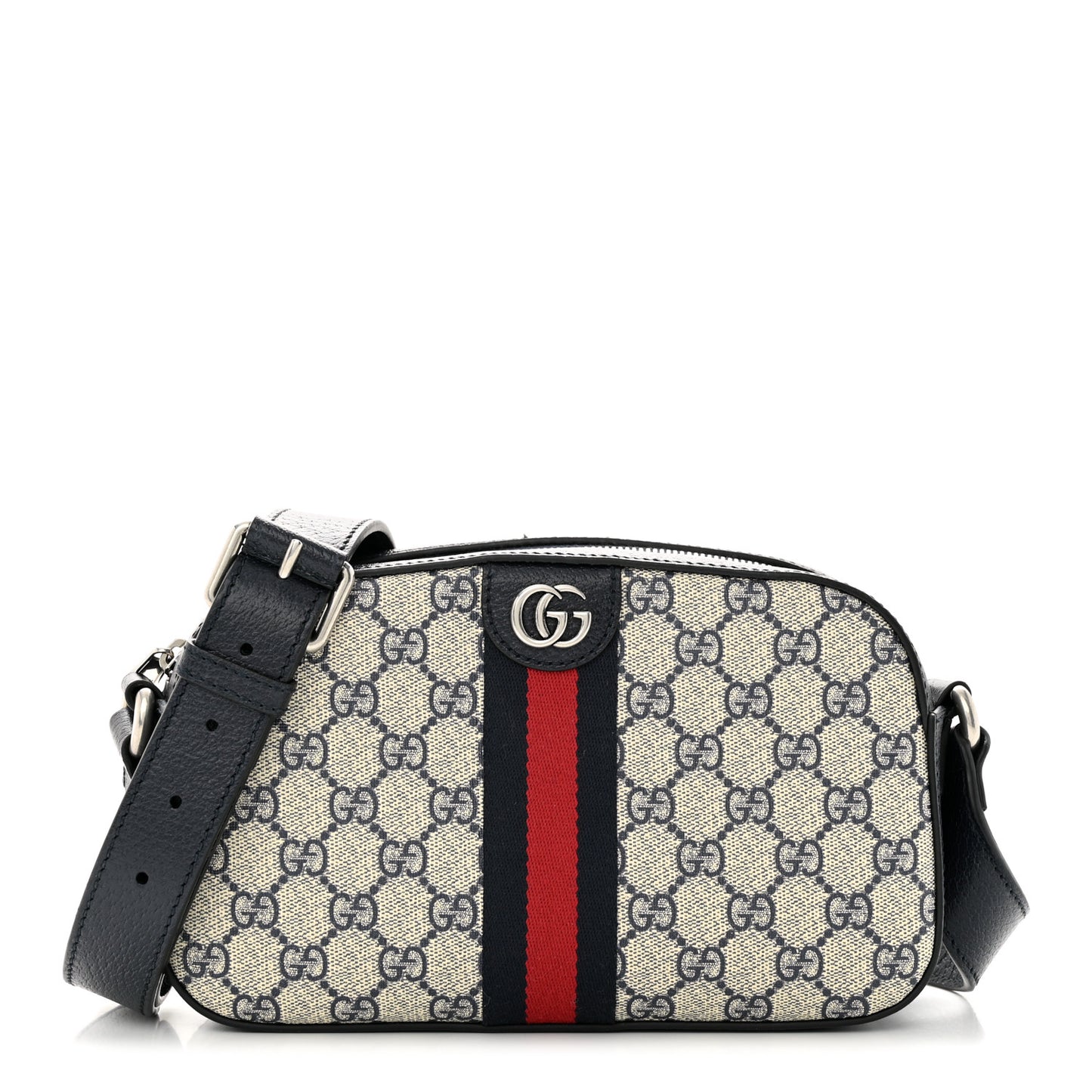 GG Supreme Monogram Textured Dollar Calfskin Web Small Ophidia Camera Bag Beige Blue