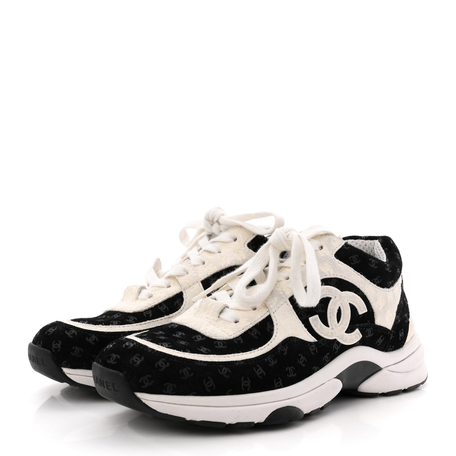 Chanel Nylon Suede Calfskin Printed CC Sneakers 36 White Black 4 of 8