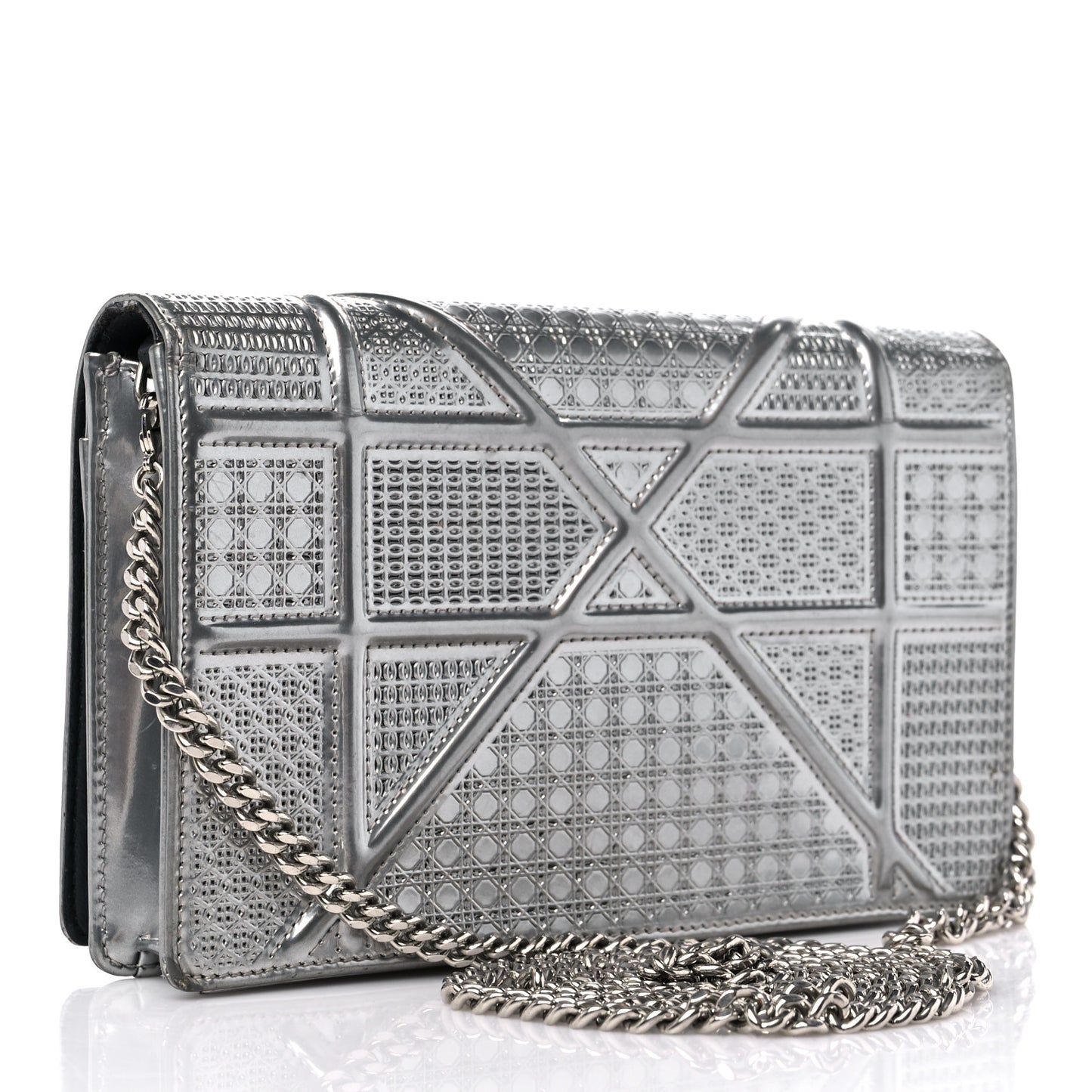 Metallic Patent Micro-Cannage Diorama Wallet on Chain Pouch Silver