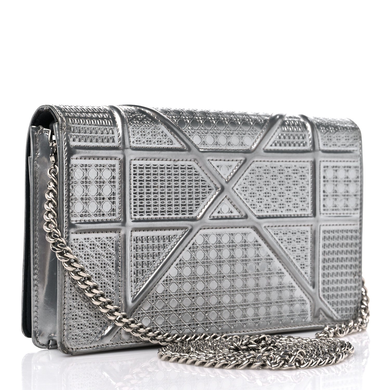 Christian Dior Metallic Patent Micro-Cannage Diorama Wallet on Chain Pouch Silver 3 of 12