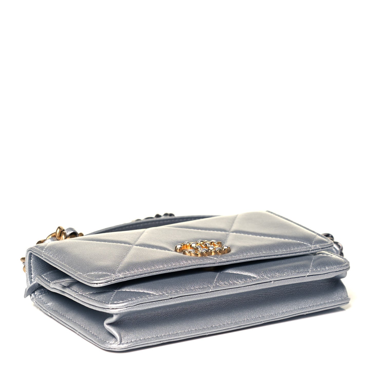 Metallic Lambskin Quilted Chanel 19 Wallet On Chain WOC Silver