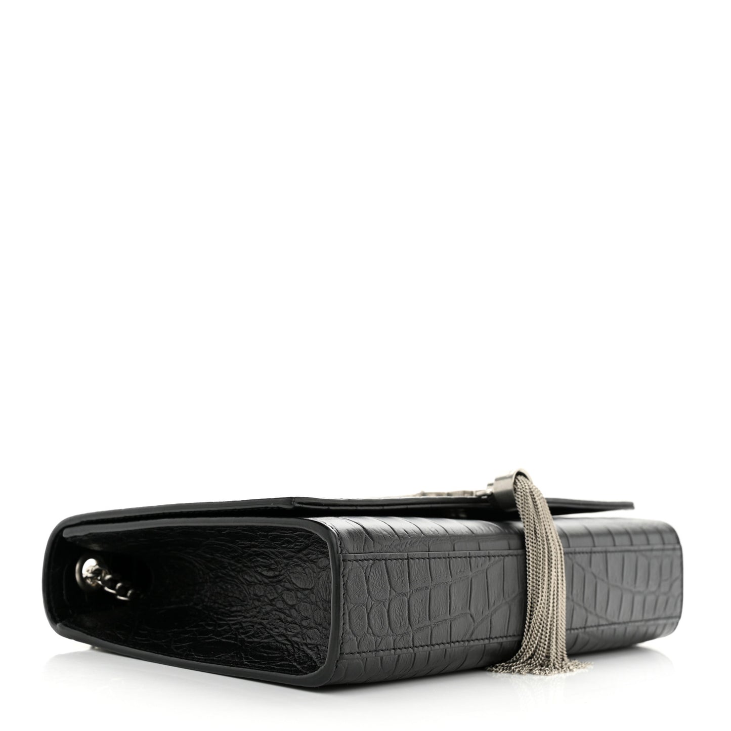 Calfskin Crocodile Embossed Medium Classic Monogram Kate Tassel Satchel Black
