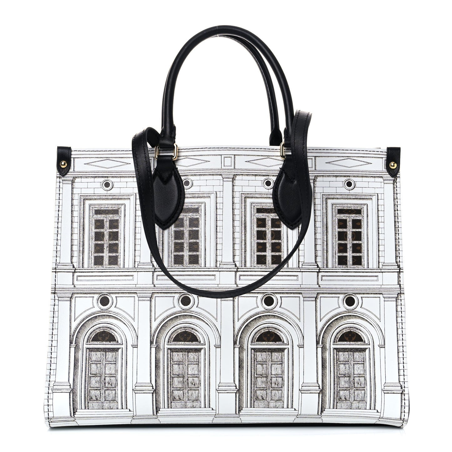 X FORNASETTI Calfskin Architettura Onthego MM Black White