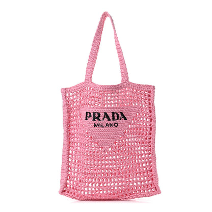 Prada Yarn Raffia Effect Crochet Logo Embroidered Tote Bag Petalo 1 of 9