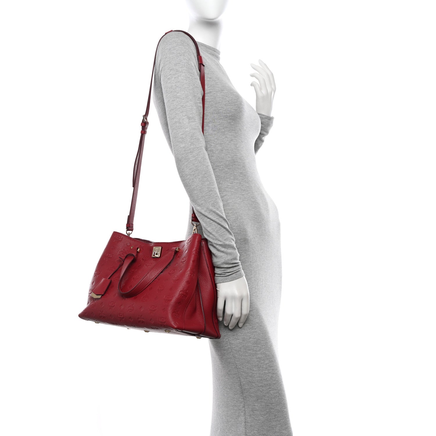 MCM Calfskin Ottomar Monogram Large Essential Tote Red 2 of 11