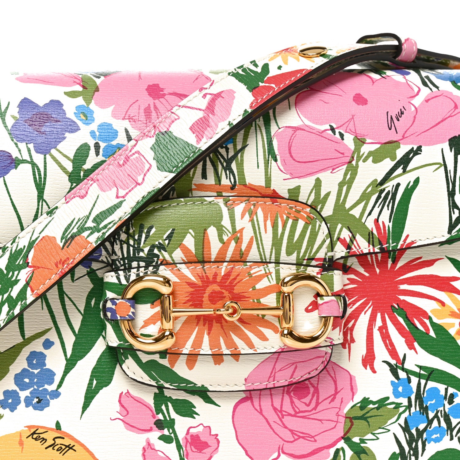 Gucci X KEN SCOTT New Shangai Calfskin Jardin D'Avril Floral Print Horsebit 1955 Shoulder Bag Ivory Pink Wild Rose 7 of 9