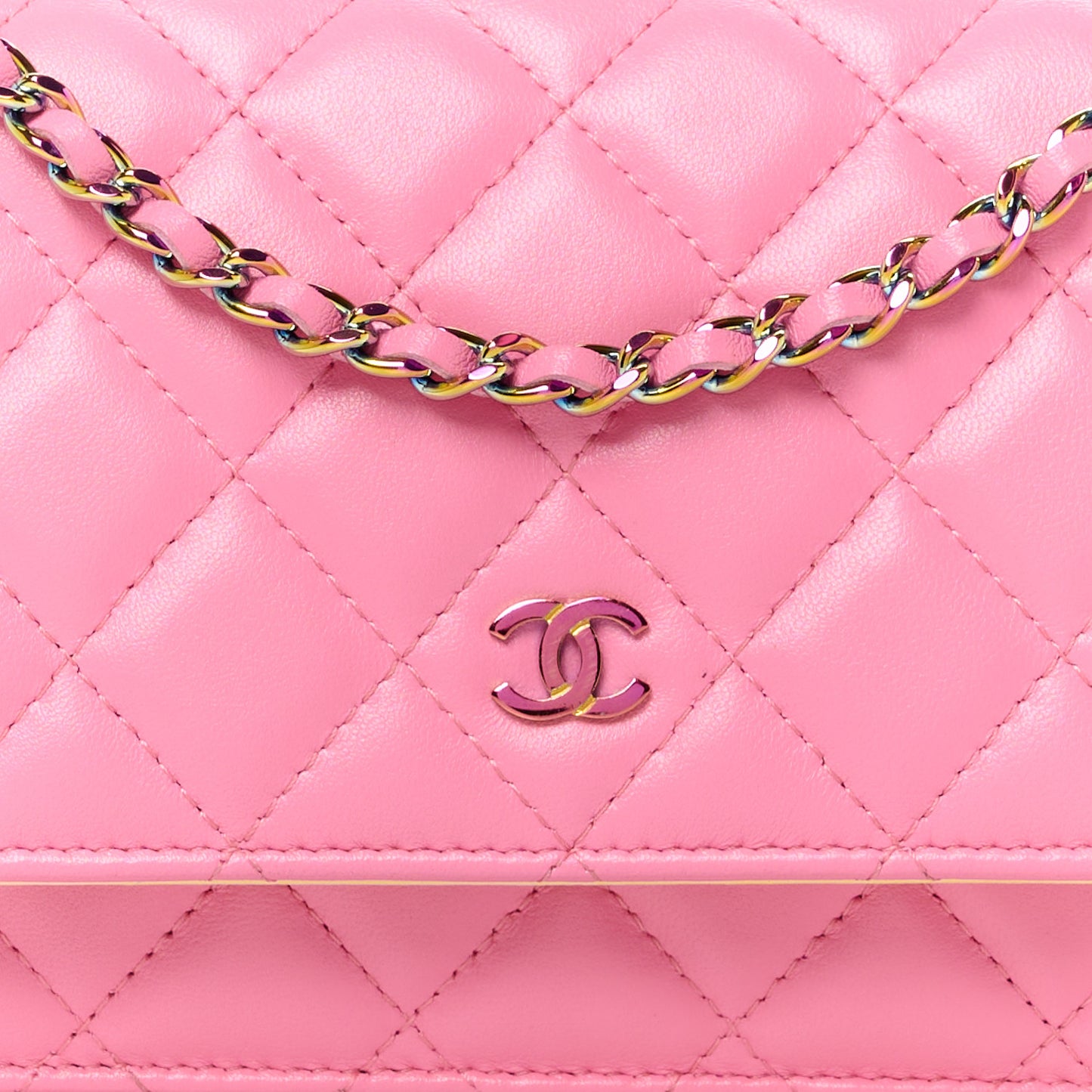Lambskin Quilted Wallet On Chain WOC Pink Yellow