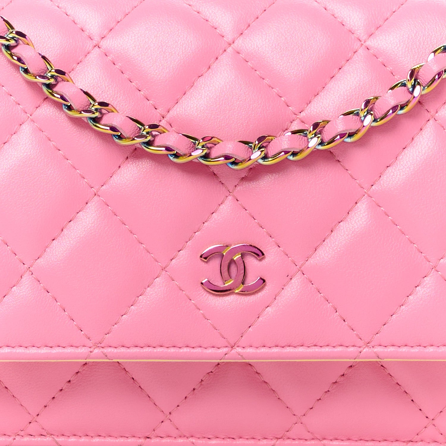Chanel Lambskin Quilted Wallet On Chain WOC Pink Yellow 9 of 11