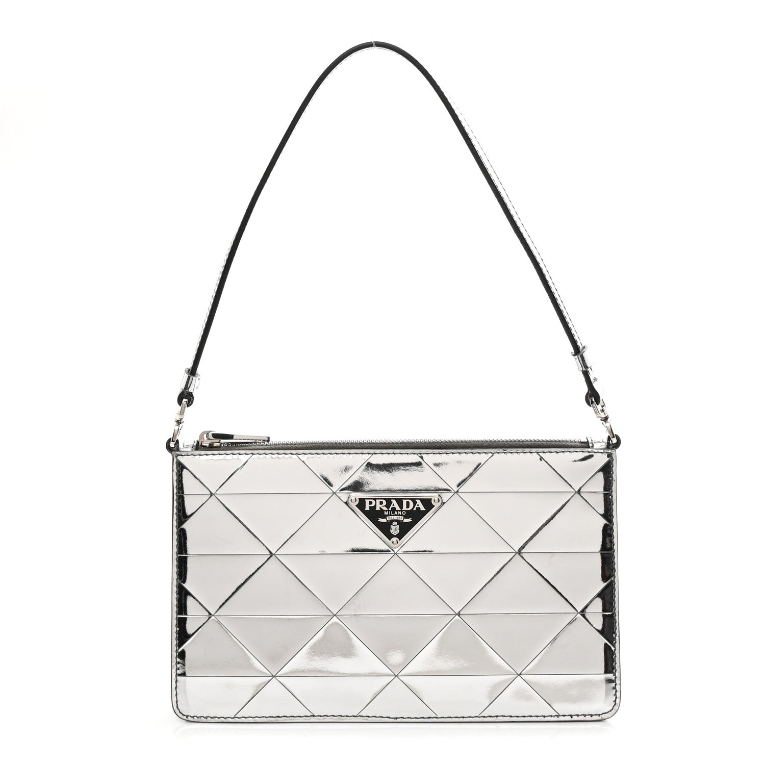 Prada Spazzolato Metal Triangle Logo Triangle Patterned Mini Shoulder Bag Argento 1 of 9